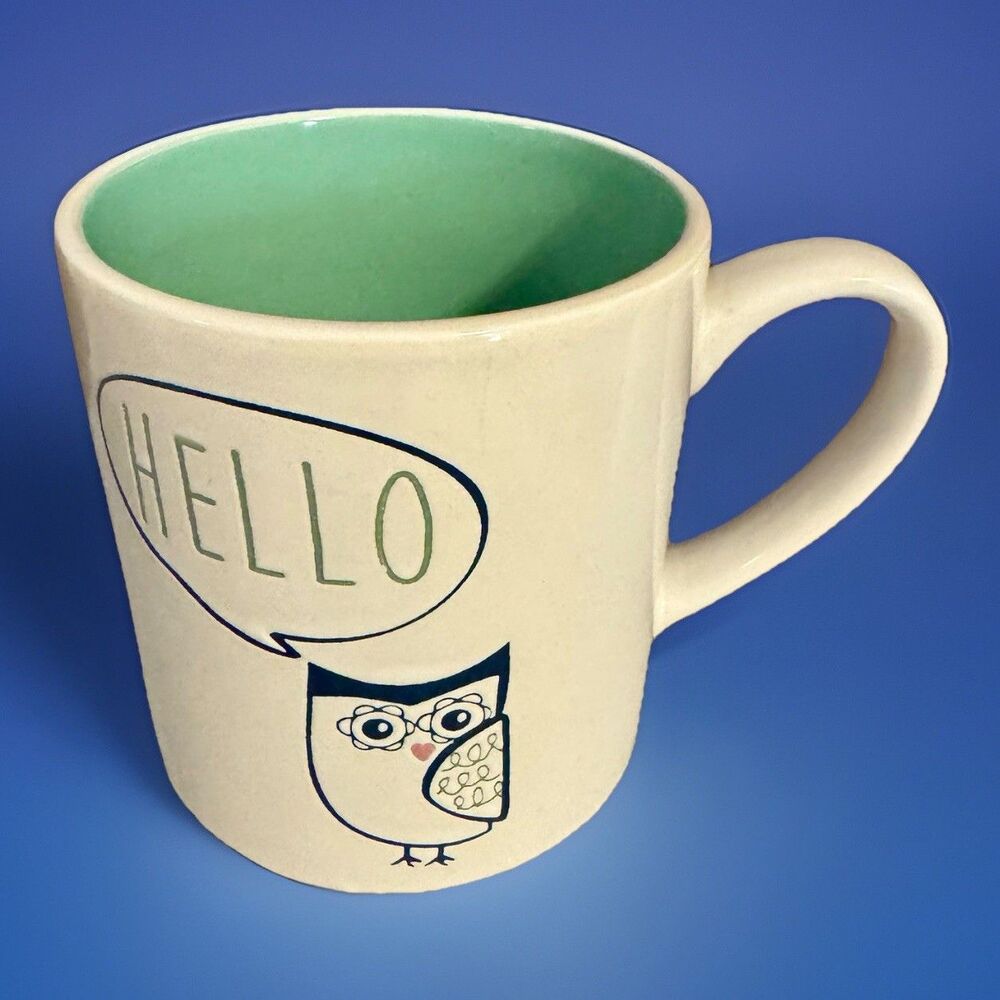 Baum Green White Ceramic “HELLO“ Cute Owl Coffee Tea Cocoa Mug Cup Etched Doodle